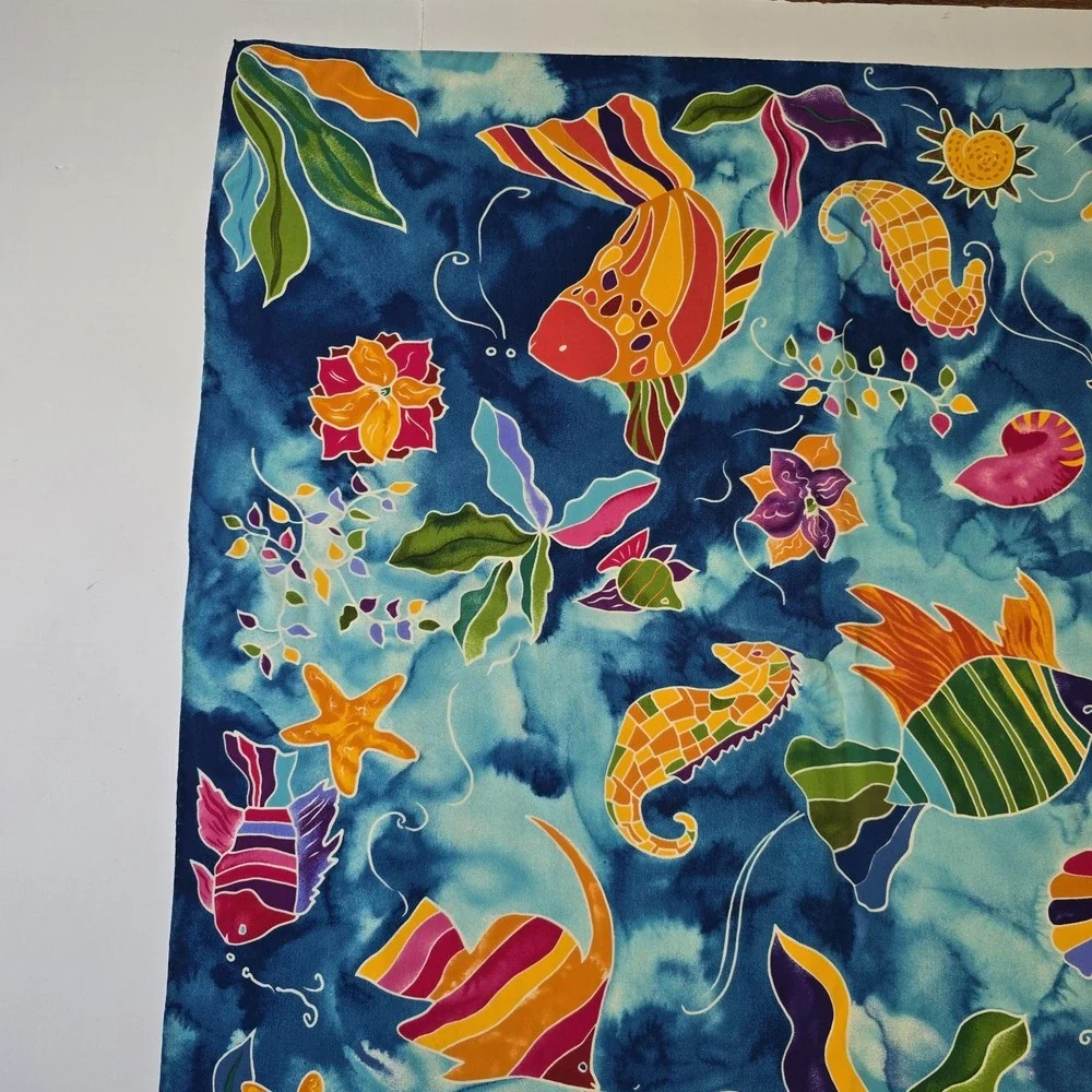 Talbots 100% Silk Scarf Tropical Fish Watercolor Square Hand Rolled Italy *Spots
